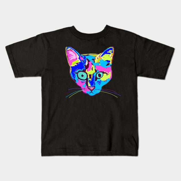 Psychedelic Rainbow-colored Weirdo Floating Cat Head Kids T-Shirt by jdunster